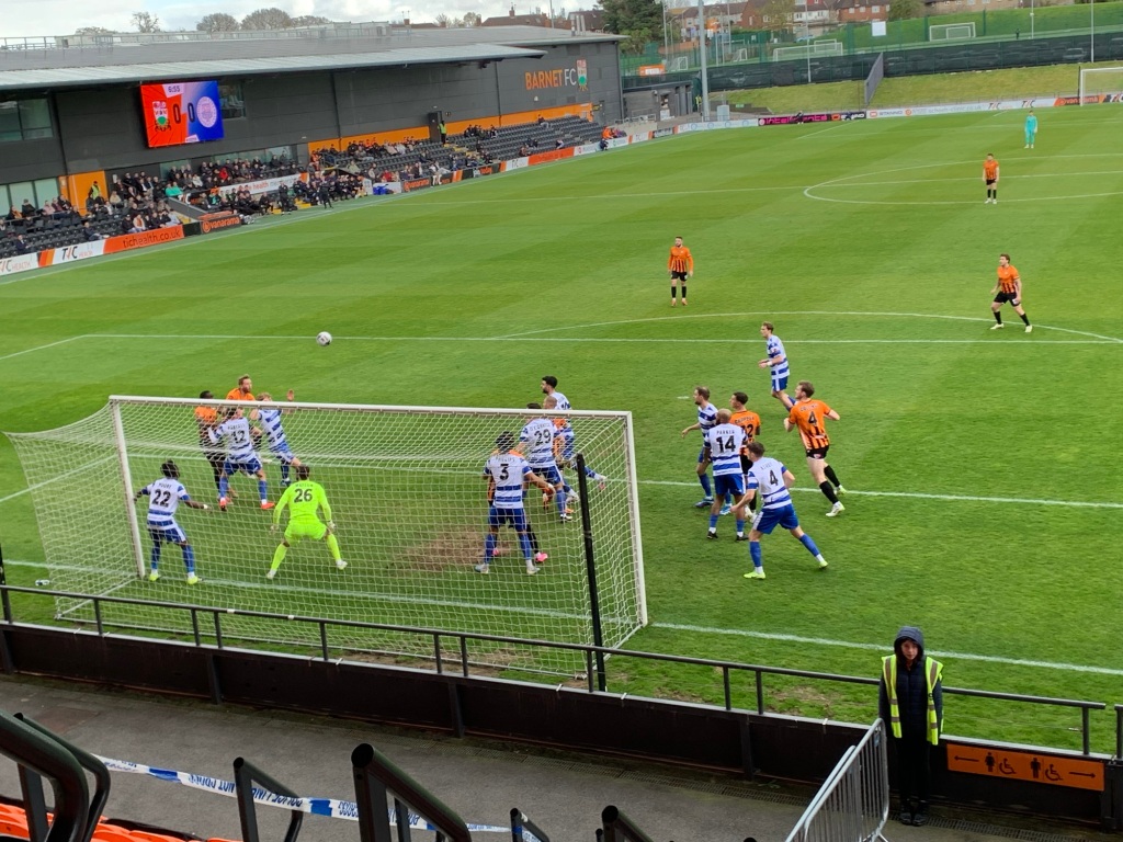 Goalmouth action in the first half between Barnet and Oxford City.